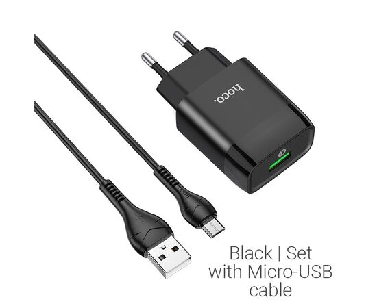  Блок питания сетевой 1 USB HOCO, C72Q, Glorious, 3A, пластик, QC3.0, кабель микро USB, цвет: чёрный 
