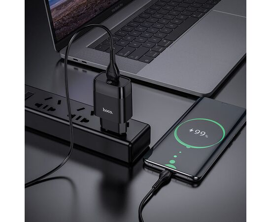  Блок питания сетевой 1 USB HOCO, C72Q, Glorious, 3A, пластик, QC3.0, кабель микро USB, цвет: чёрный 