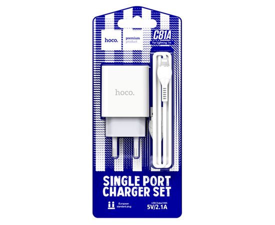  Сетевое зарядное устройство HOCO C81A Asombroso single 1xUSB с Кабелем USB - Lightning, 2.1A, 10W, белый 